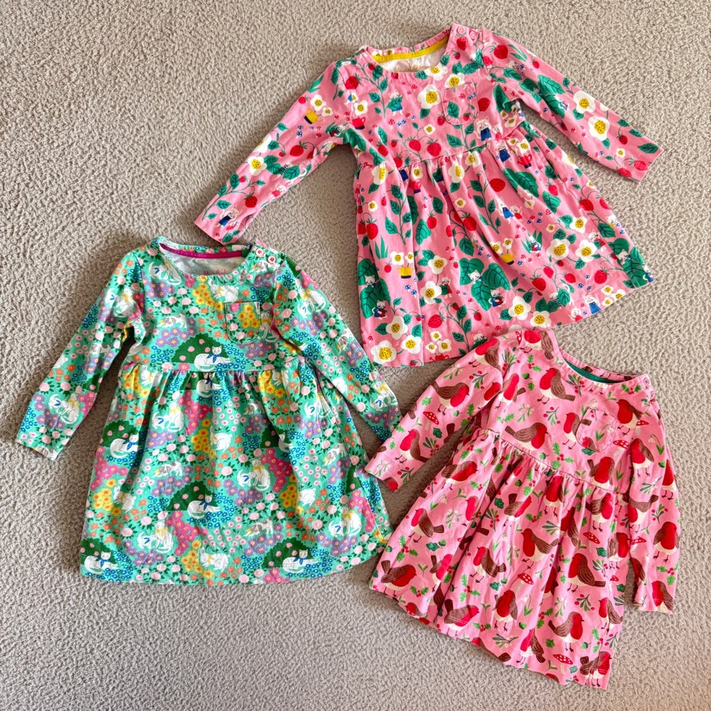 Mini Boden Girls 3-4Y Cotton Dress Lot 3 Long Sleeve Cats Strawberries Robins